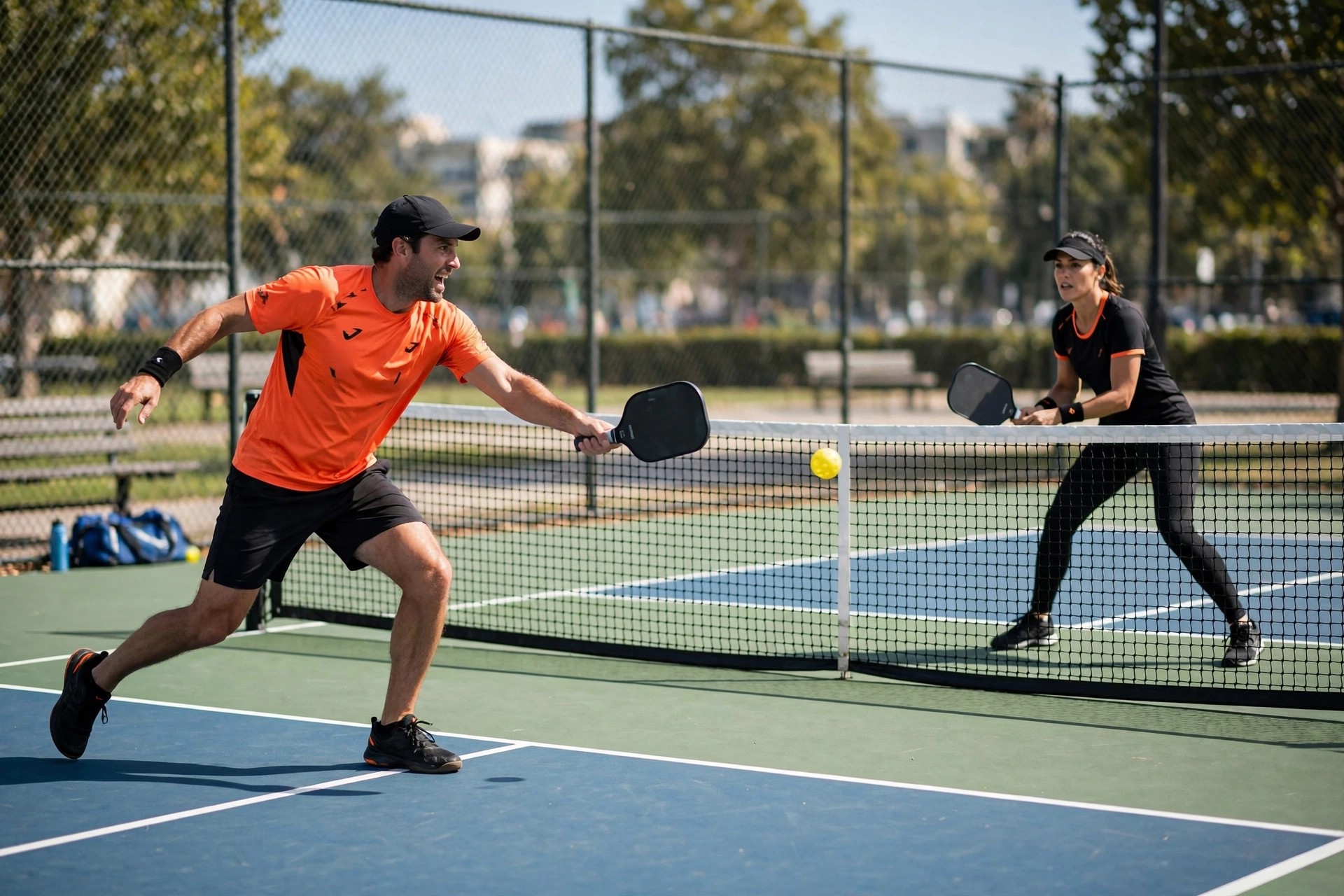 Two players in a pickleball match
